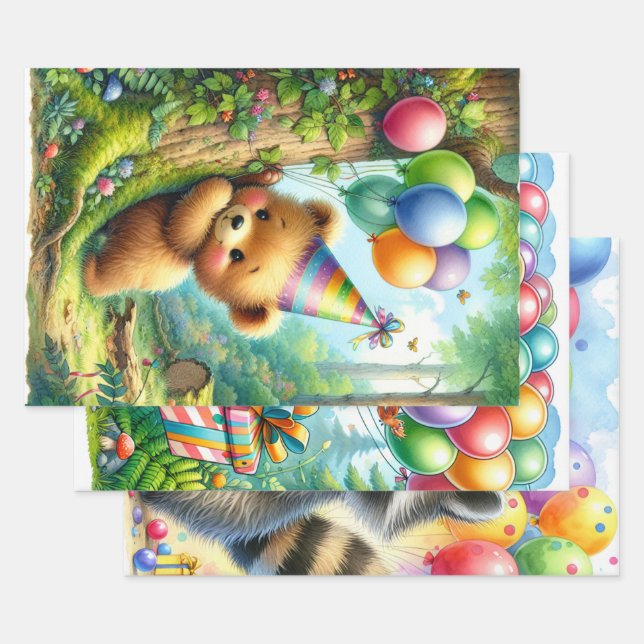Cartoon Squirrel, Baby Bear and Racoon Birthday Wrapping Paper Sheet (Set)