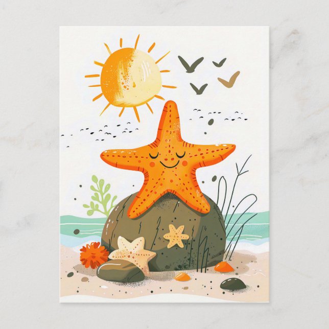 Cartoon Starfish on Rock by Ocean Postcard (Front)