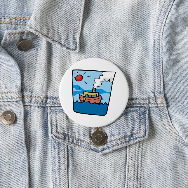 Cartoon Steamship on Ocean Waves Nautical Art  7.5 Cm Round Badge (Creator Uploaded)