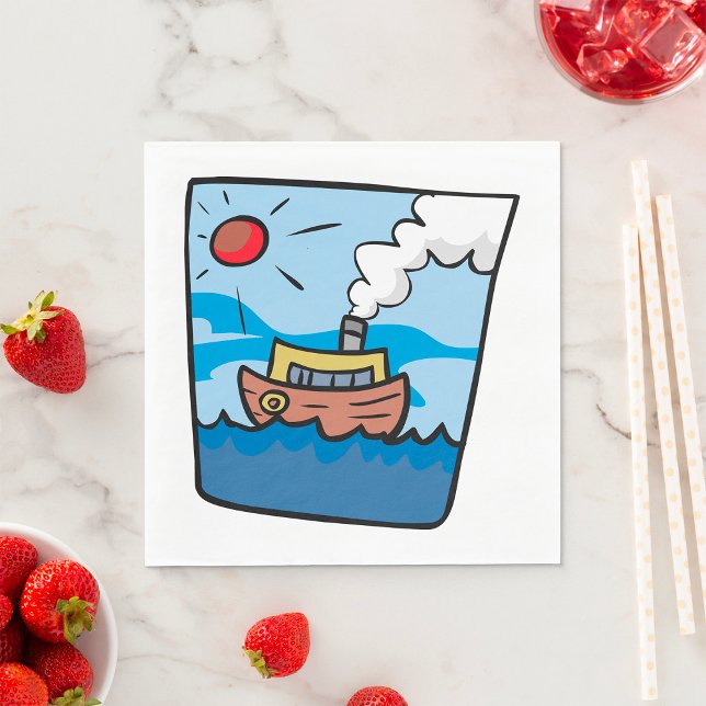 Cartoon Steamship on Ocean Waves Nautical Art  Napkin (Creator Uploaded)