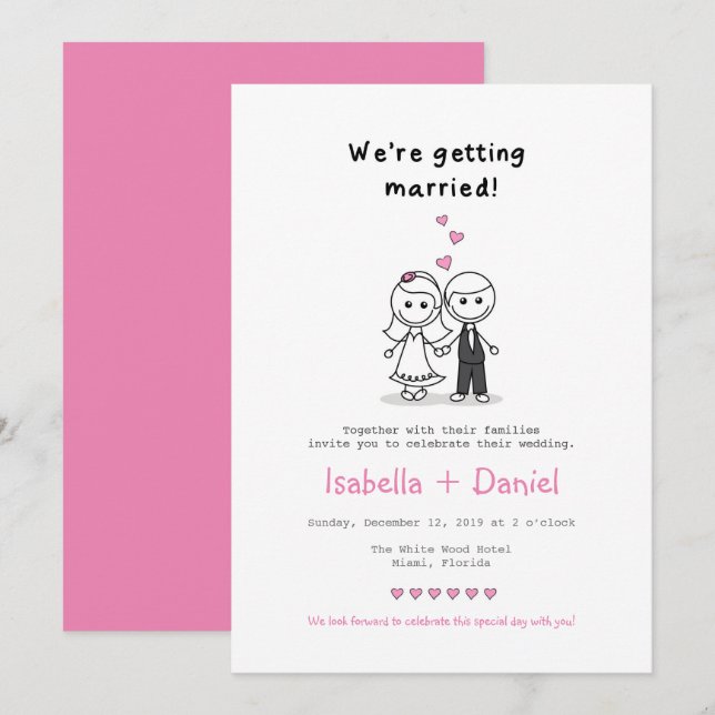 Cartoon Stick Figure couple wedding Invitation (Front/Back)