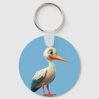 Cartoon Stork with Bright Eyes on Wooden Fence Key Ring