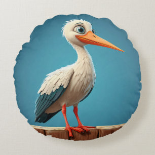 Cartoon Stork with Bright Eyes on Wooden Fence Round Cushion