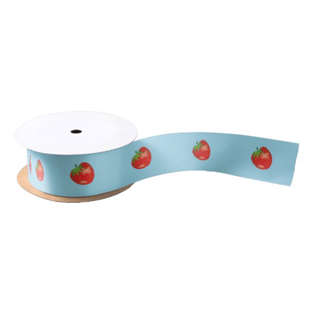 Cartoon Strawberries On Blue Satin Ribbon (Spool)