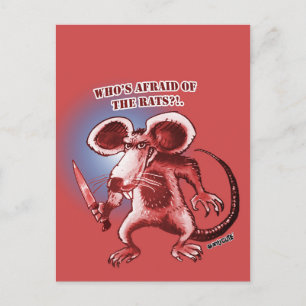 cartoon style angry rat white knife postcard