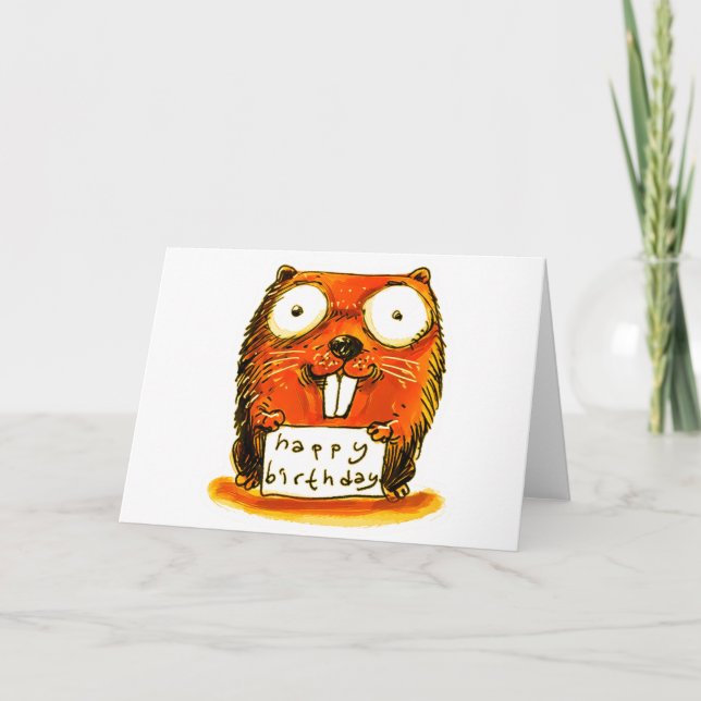 cartoon style beaver holds happy birthday message card (Front)