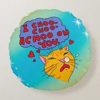 Cartoon Style Cat With Sneezing Loving Text Round Cushion