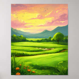 Cartoon-Style Grass Field Landscape Painting Poster