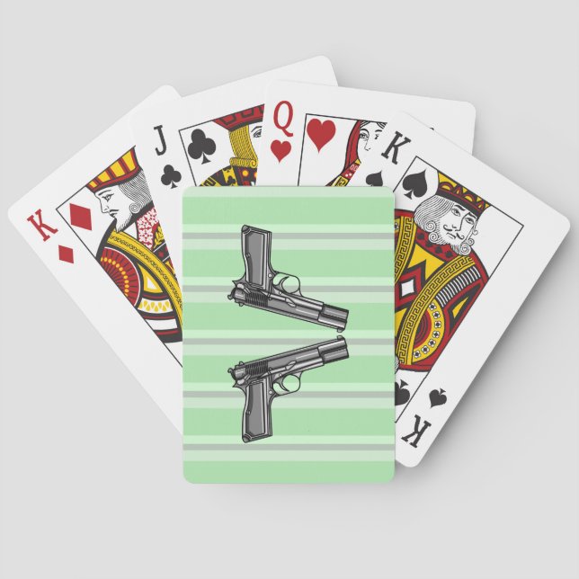 Cartoon style illustration of two handguns playing cards (Back)