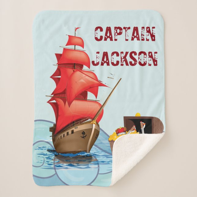 Cartoon style Pirate Boat stripes Sherpa Blanket (Front)