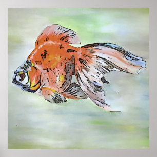 Cartoon Style Ryukin Goldfish Acrylic Painting Poster