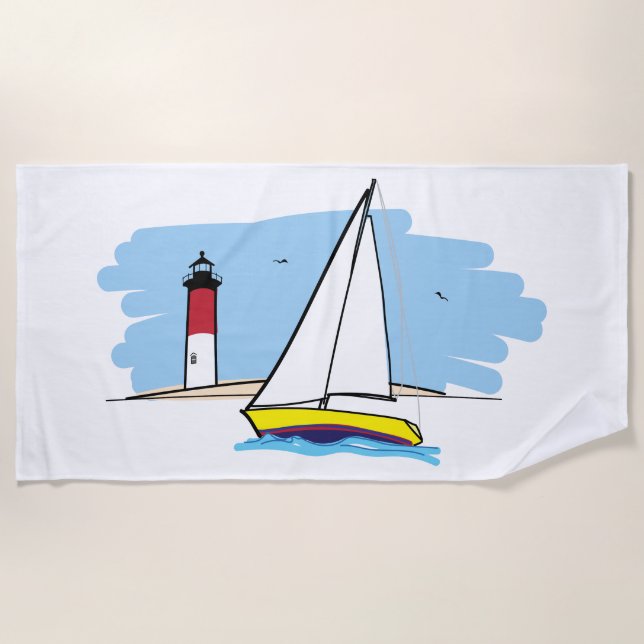 Cartoon-Style Sailboat and Lighthouse Beach Towel (Front)
