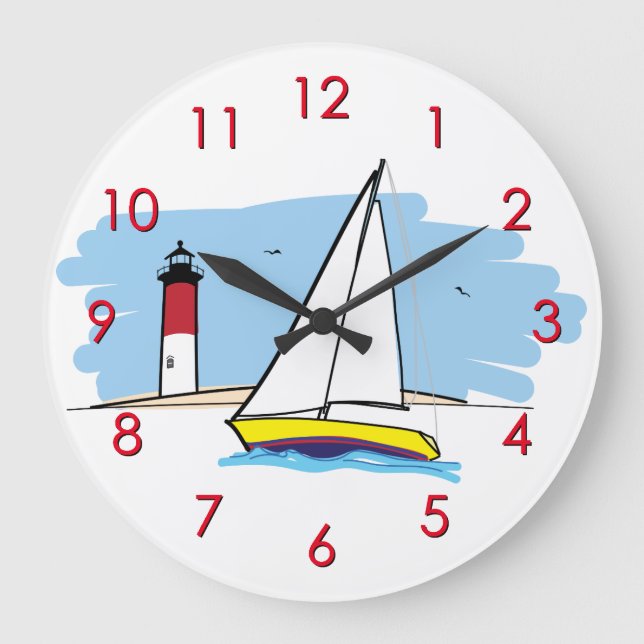 Cartoon-Style Sailboat and Lighthouse Large Clock (Front)