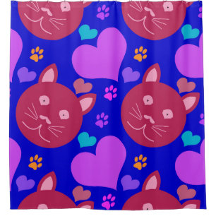 Cartoon style seamless wallpaper with cat face and shower curtain