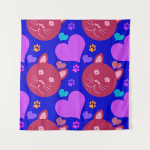 Cartoon style seamless wallpaper with cat face and tapestry