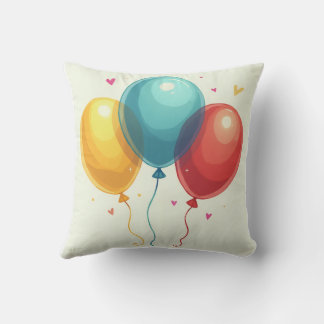 Cartoon-style yellow, blue, and red balloons cushion