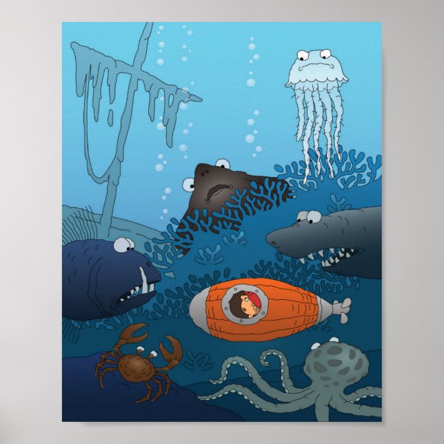 Cartoon Submarine Boy Undersea Animal Fish Poster (Front)