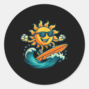 Cartoon Sun Surfing Summer Beach Wave Art  Classic Round Sticker