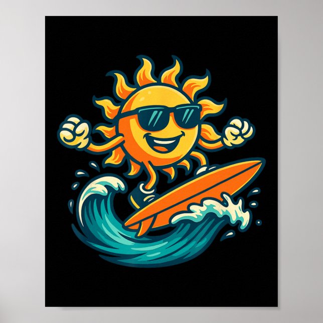 Cartoon Sun Surfing Summer Beach Wave Art  Poster (Front)