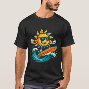 Cartoon Sun Surfing Summer Beach Wave Art T-Shirt