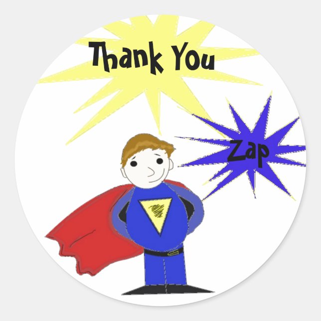 Cartoon Super Hero Thank You Classic Round Sticker (Front)