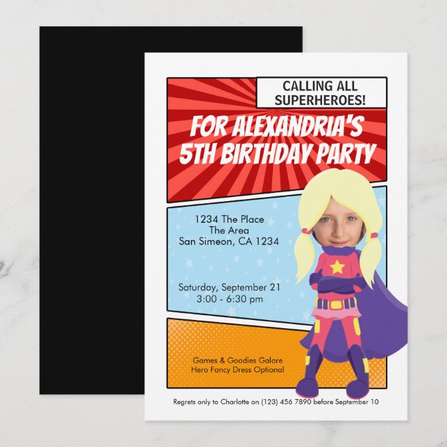Cartoon Superhero Comic Birthday Party (blonde) Invitation (Front/Back)