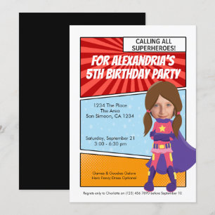 Cartoon Superhero Comic Birthday Party (brunette) Invitation