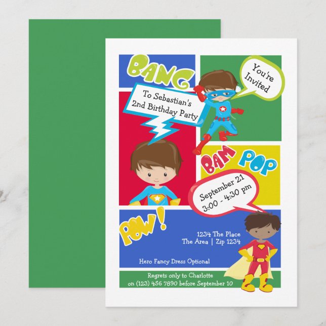 Cartoon Superhero Fun Comic Themed Birthday Party Invitation (Front/Back)