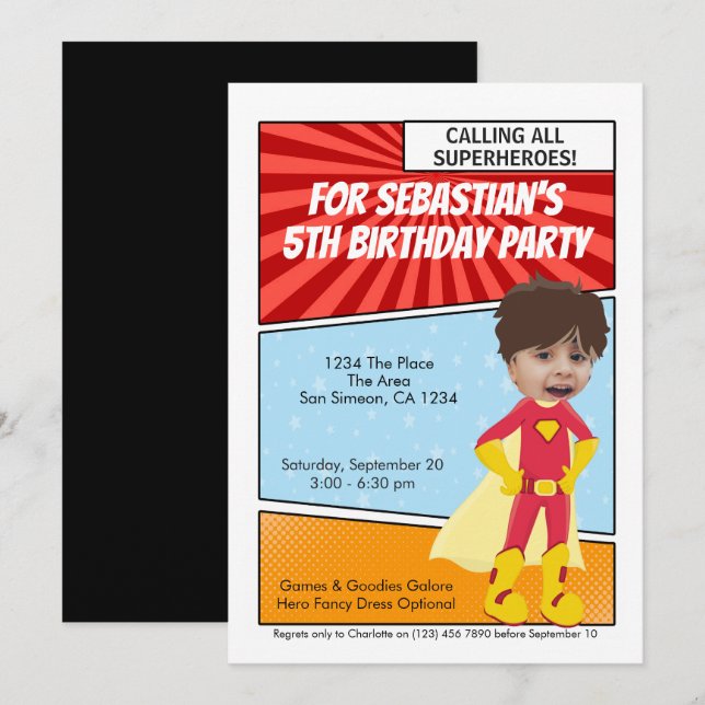 Cartoon Superhero Novelty Comic Birthday Party Invitation (Front/Back)