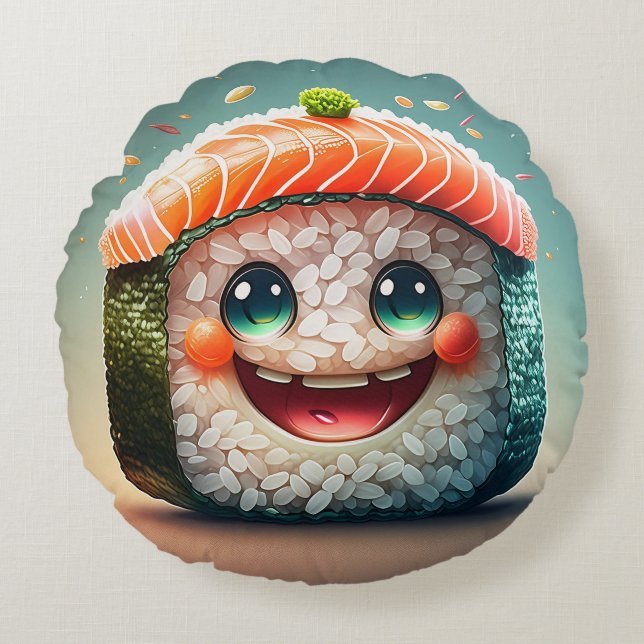 Cartoon Sushi Round Pillow – Whimsical Design Fun (Front)