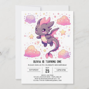 Cartoon Sweet Dragon 1st Birthday Invitation