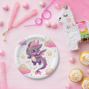 Cartoon Sweet Dragon Baby Shower Paper Plate