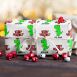 Cartoon T Rex Cute Dino Santas Christmas Hat Wrapping Paper<br><div class="desc">Cute angry cartoon t-rex! Edit name to customise.
Santa's hat version.
Custom holiday gift wrapping paper rolls.
Christmas gift wrap idea for kids.</div>