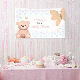 Cartoon Teddy Bear Pastel Girl Baby Shower Welcome Banner