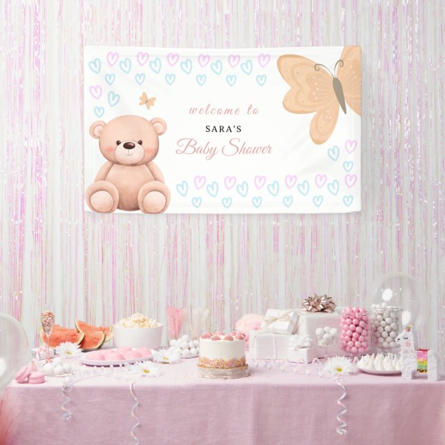 Cartoon Teddy Bear Pastel Girl Baby Shower Welcome Banner (Party)