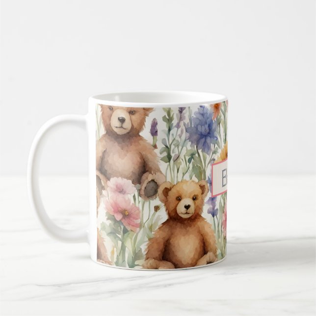 Cartoon Teddy Bear Pattern With Watercolor Flowers Coffee Mug (Left)