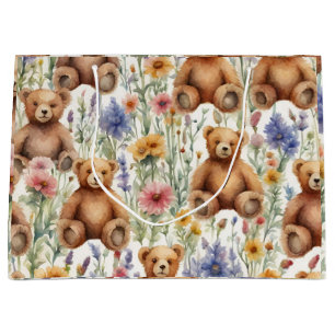 Cartoon Teddy Bear Pattern With Watercolor Flowers Large Gift Bag