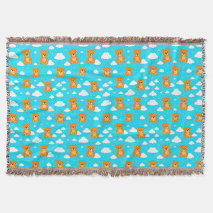 Cartoon Teddy Bears with Clouds on Blue Background Throw Blanket