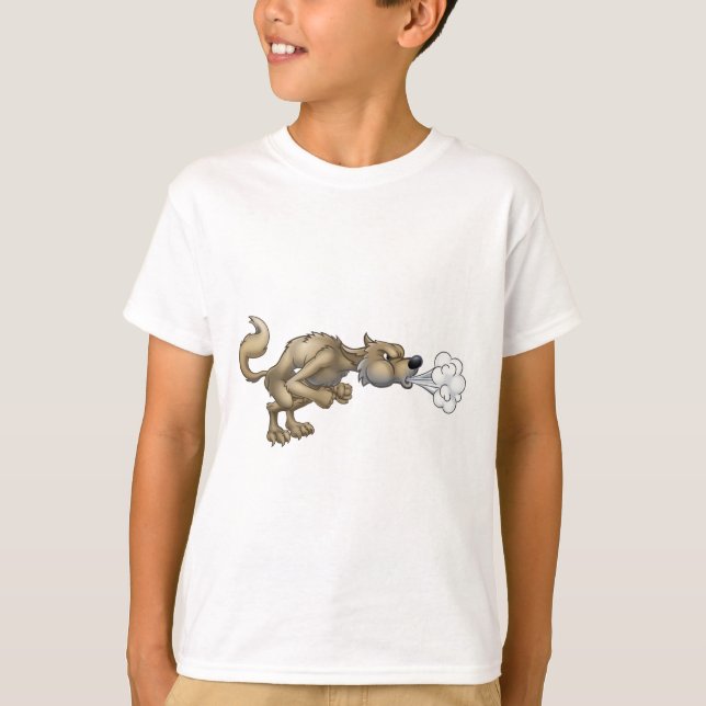 Cartoon Three Little Pigs Big Bad Wolf Blowing T-Shirt (Front)