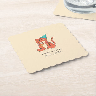 Cartoon Tiger in a Party Hat Vintage Birthday Paper Coaster