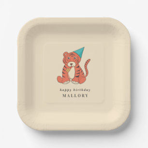 Cartoon Tiger in a Party Hat Vintage Birthday Paper Plate