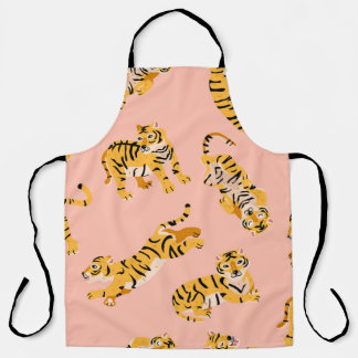 Cartoon tigers, pink vintage pattern. apron