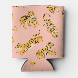 Cartoon tigers, pink vintage pattern. can cooler