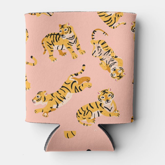 Cartoon tigers, pink vintage pattern. can cooler (Front)