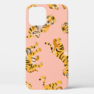 Cartoon tigers, pink vintage pattern. iPhone 12 case