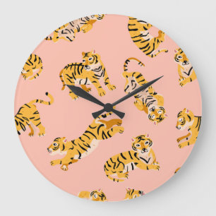 Cartoon tigers, pink vintage pattern. large clock