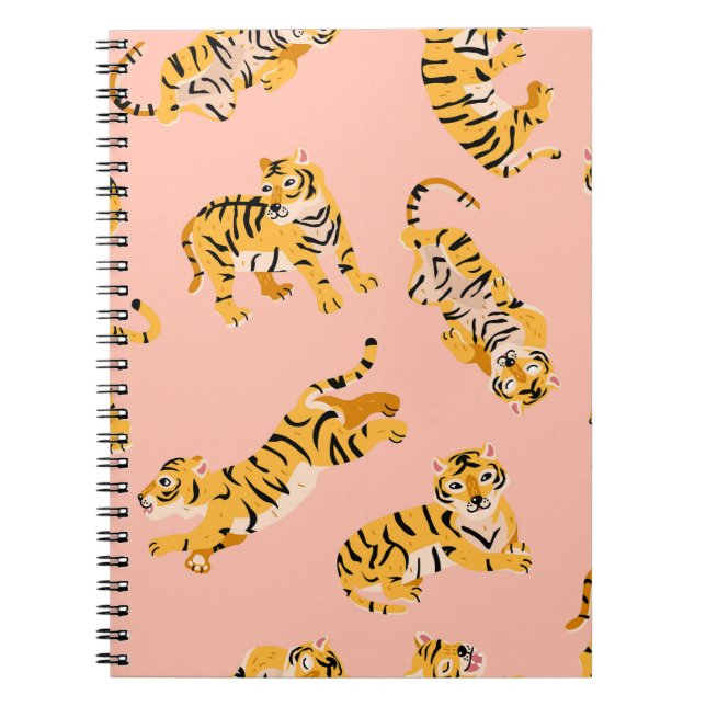 Cartoon tigers, pink vintage pattern. notebook (Front)