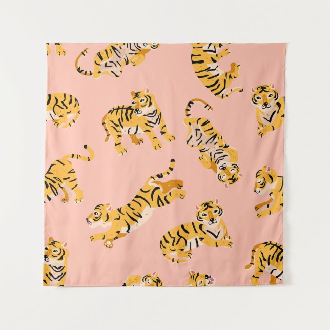 Cartoon tigers, pink vintage pattern. tapestry (Front)