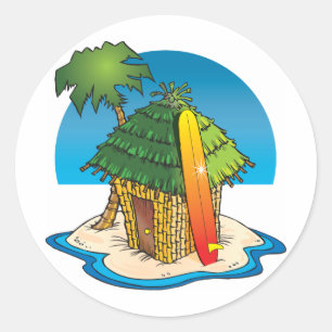 Cartoon Tiki Hut with Surfboard and Palm Classic Round Sticker