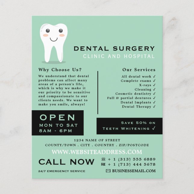 Cartoon Tooth Logo, Dentistry, Dentist Advertising Flyer (Front)